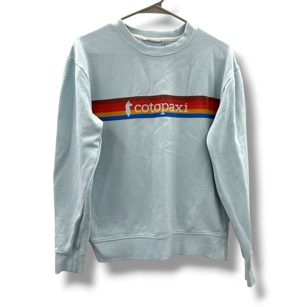 Cotopaxi Retro Stripe Logo Crewneck Sweatshirt Medium Blue Organic Cotton